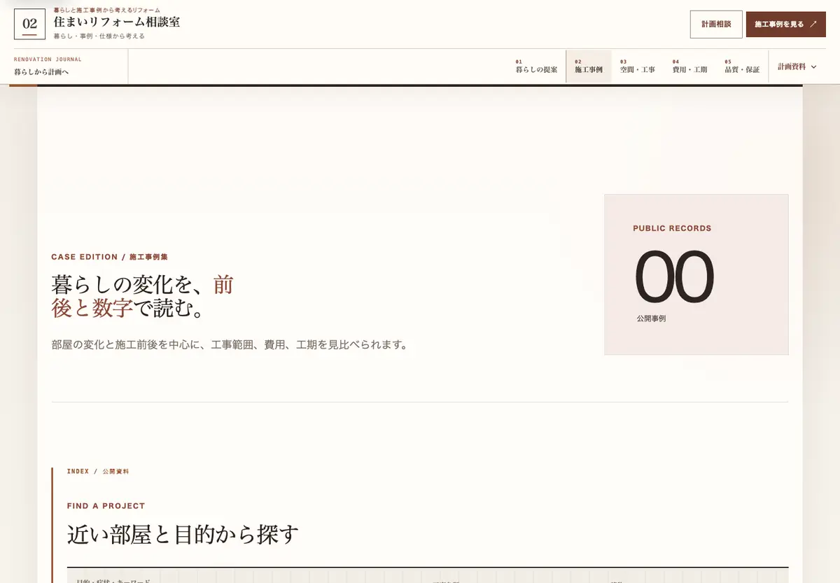 施工写真と一緒に工事内容、費用の目安、工期を見比べられる画面